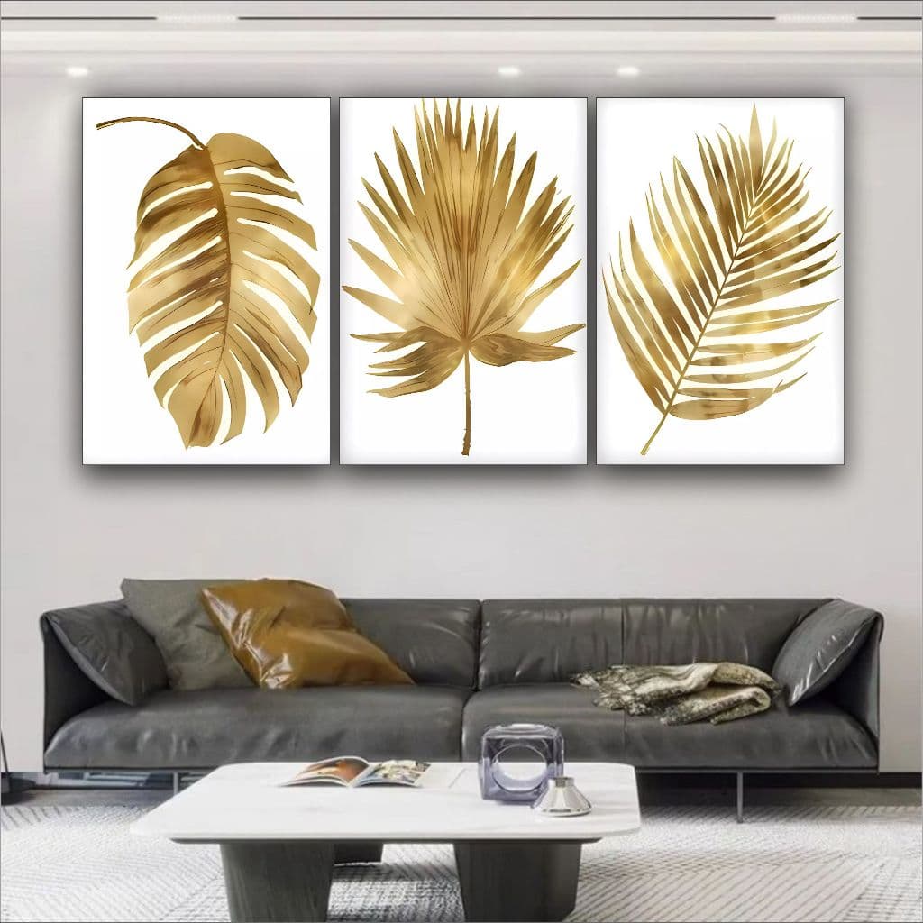 Quadro Decorativo Folha Folhagem Dourada Bege Sala Quarto 3 pç