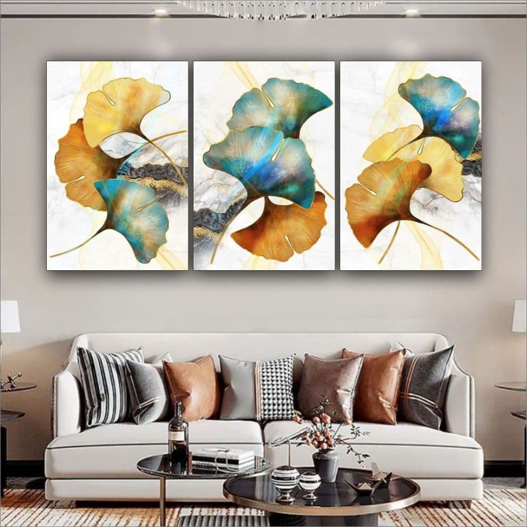 Quadro Decorativo Folha Dourada Verde Moderno Elegante 3 pç