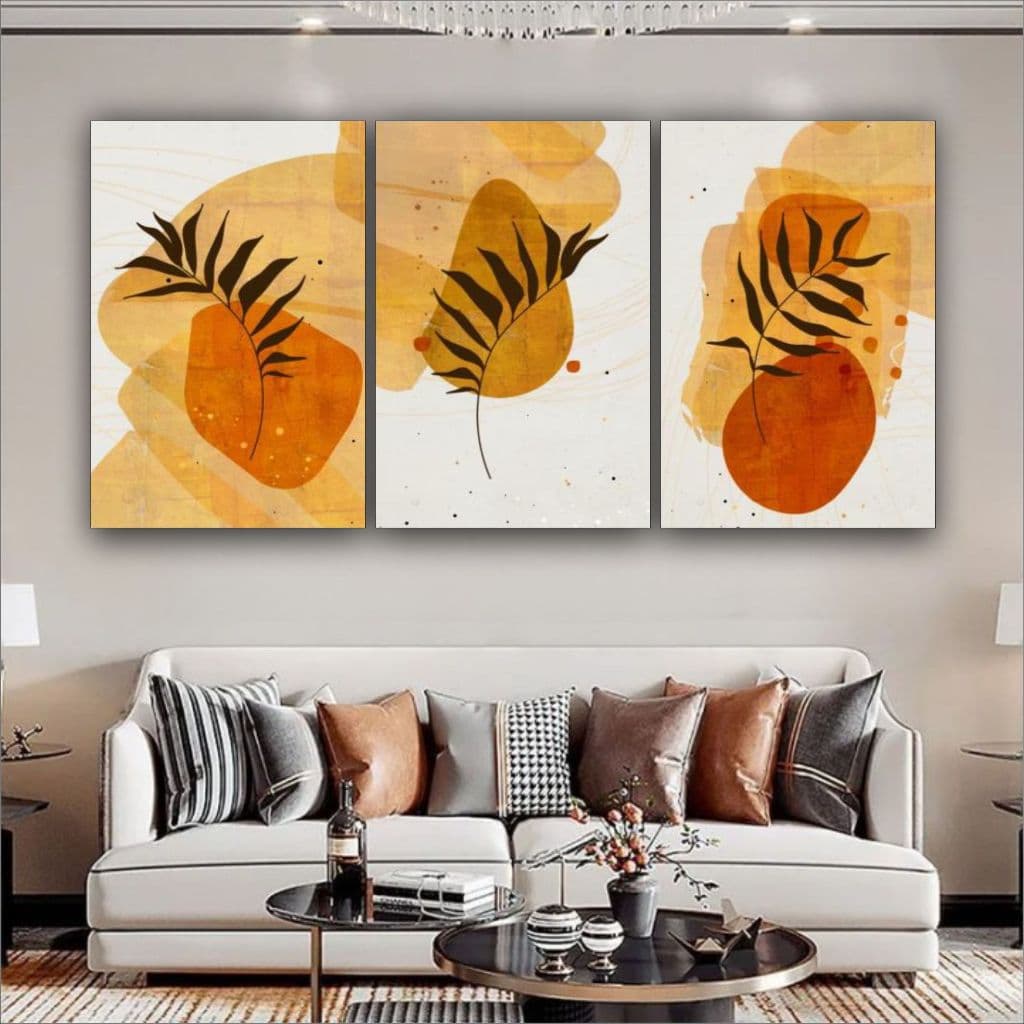 Quadro Decorativo Folha Laranja Abstrato Moderno Sala Quarto 3 pç