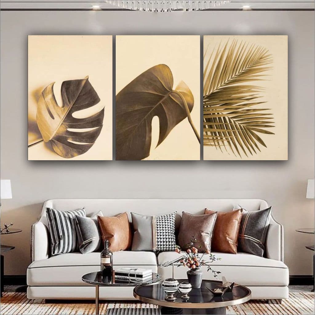 Quadro Decorativo Folhas Folhagem Boho Elegante Sala Quarto 3 pç
