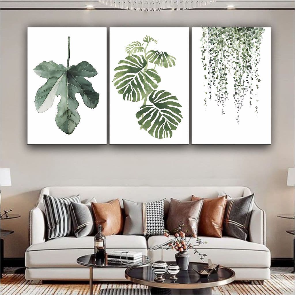 Quadro Decorativo Folhas Verde Folhagem Planta Sala Quarto 3 pç