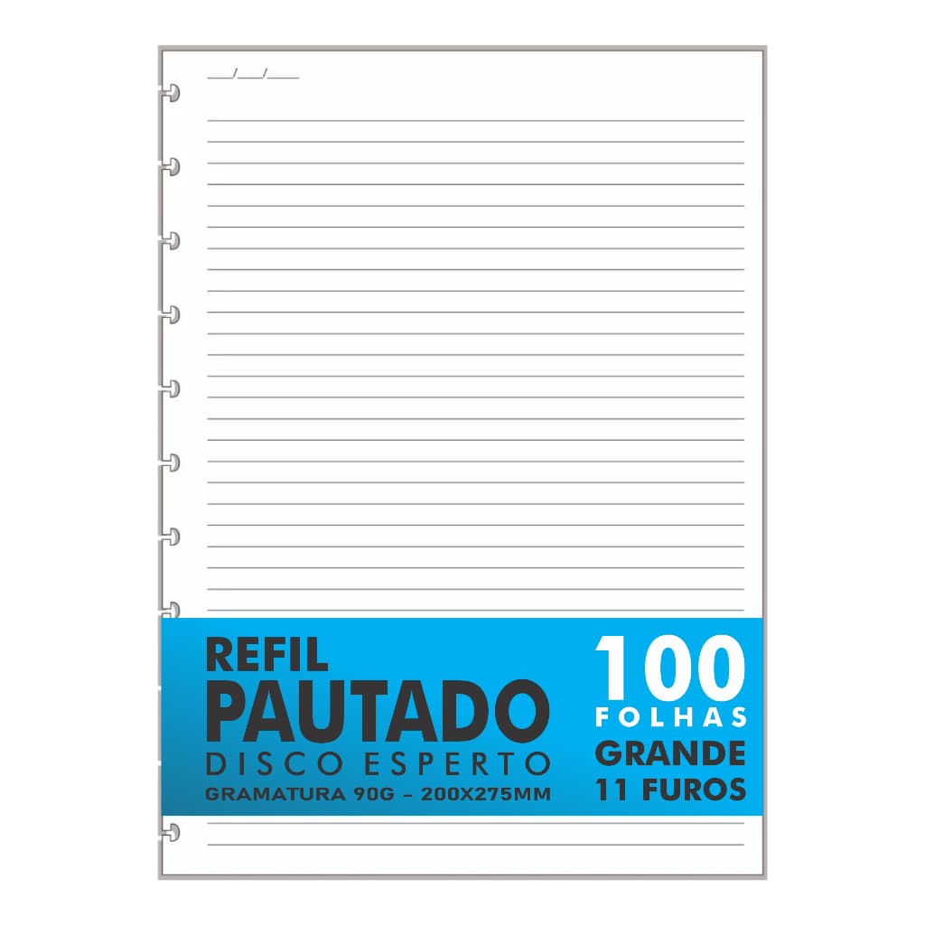 Refil Genérico Compatível Caderno Discos e Inteligente com Pauta 100 Folhas Grande 11 Furos 90g
