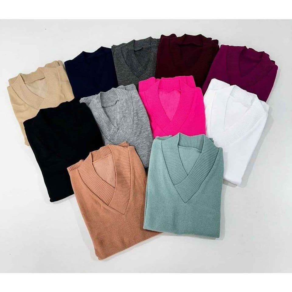 Blusa Feminina Frio Decote  Manga longa gola V  Elastano lãzinha Tricot
