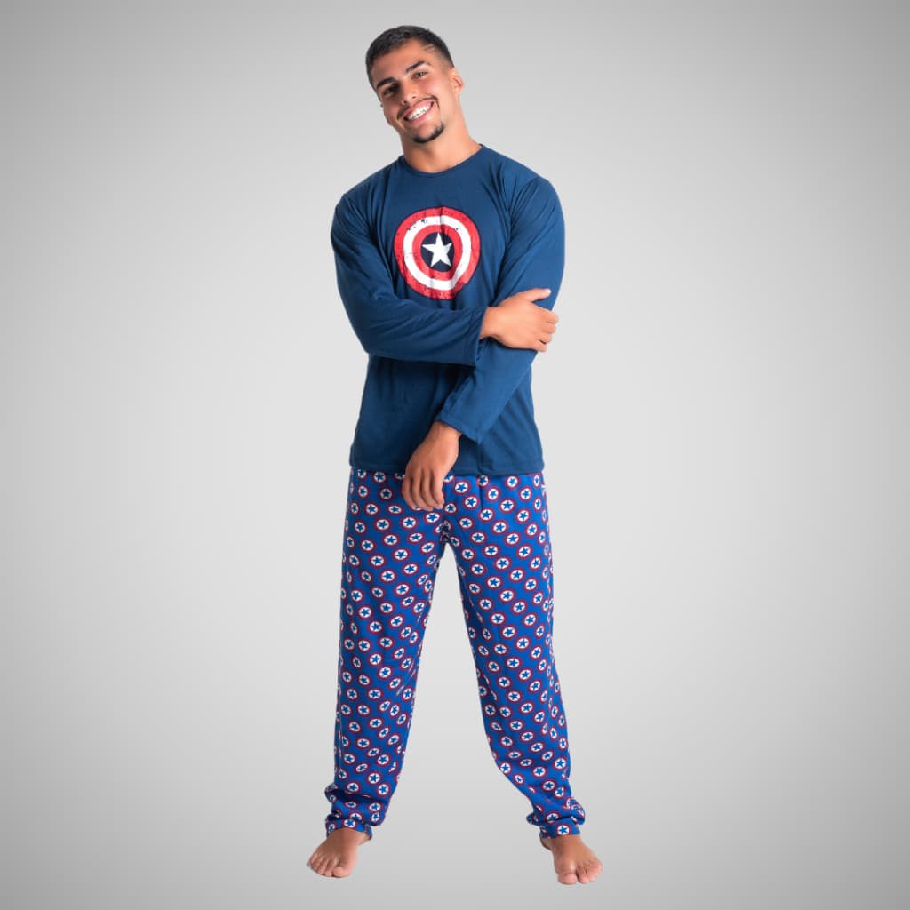 Pijama Longo Masculino Capitão América Super Heróis Roupa De Dormir Manga Longa Calça Confortável Adulto 326
