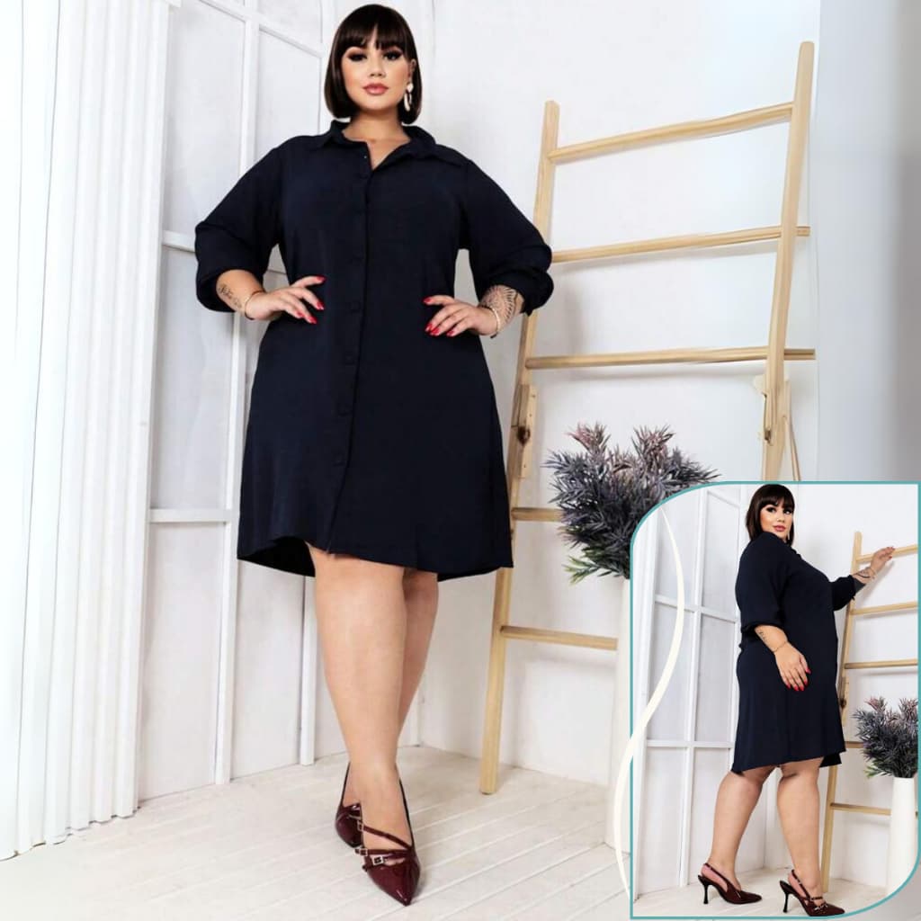 Vestido Plus Size Feminino Chemise Manga Longa Botões Manga Elegante Confortável Estiloso