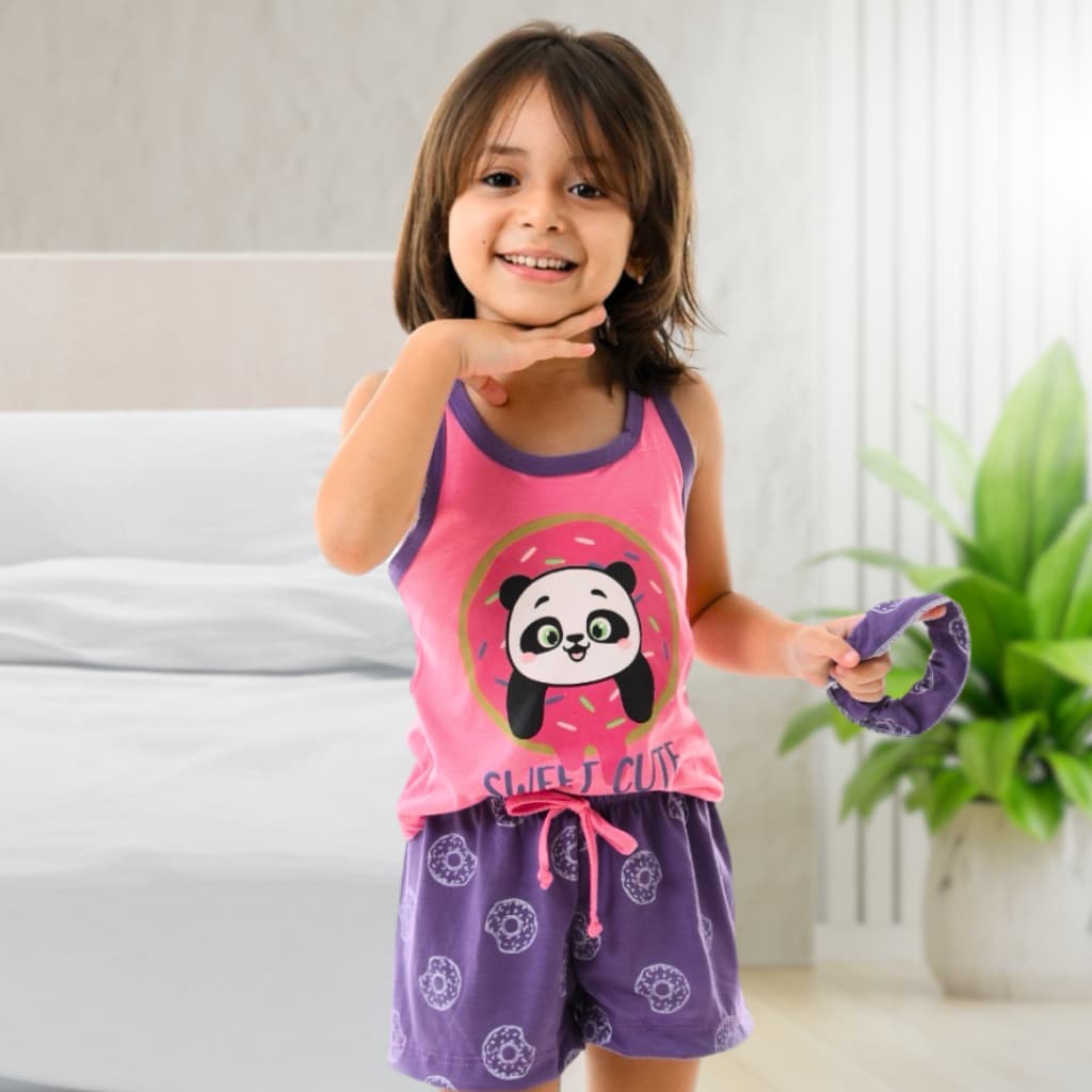 Pijama para Menina Baby Doll Infantil Feminino Conjunto Short Doll Regata Pandinha Verão Regata POP
