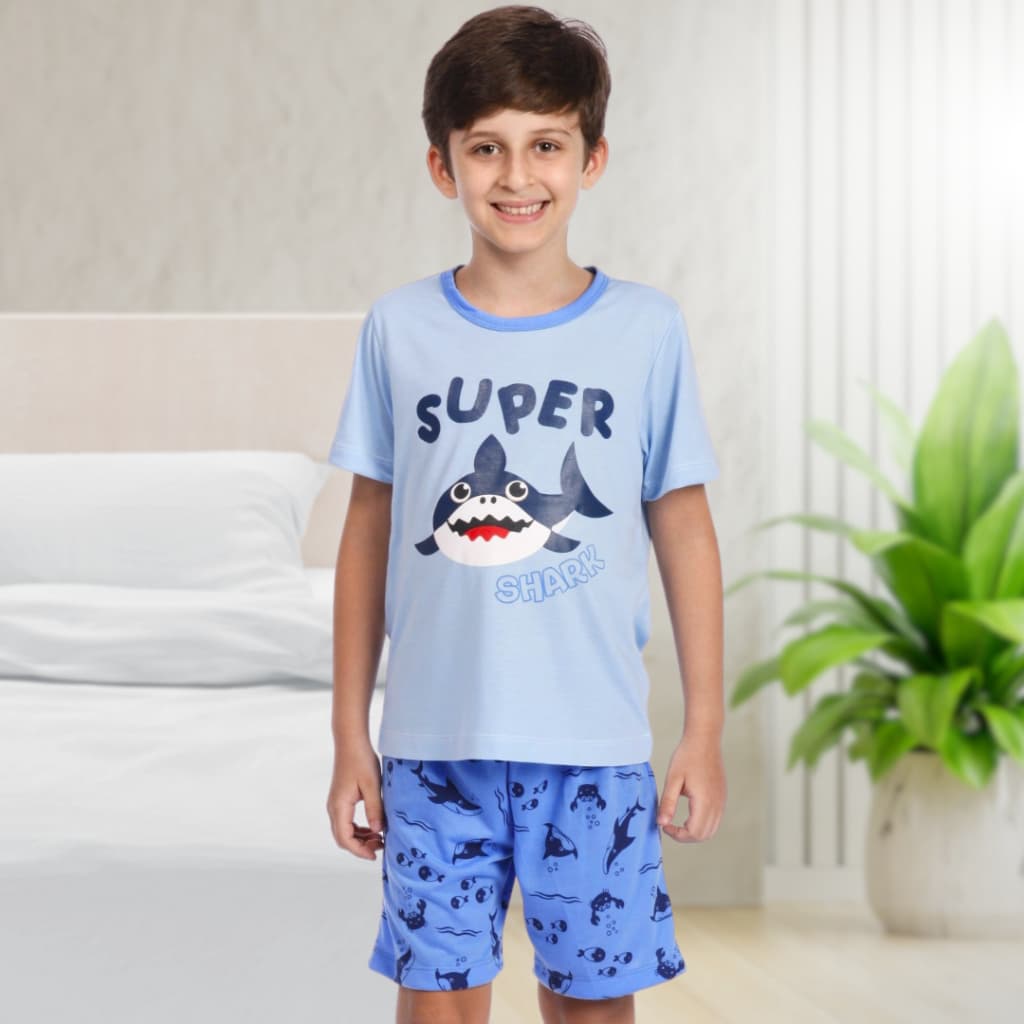 Pijama Infantil Masculino Conjunto Camiseta mais Short para Menino Master Confort Tubarão POP