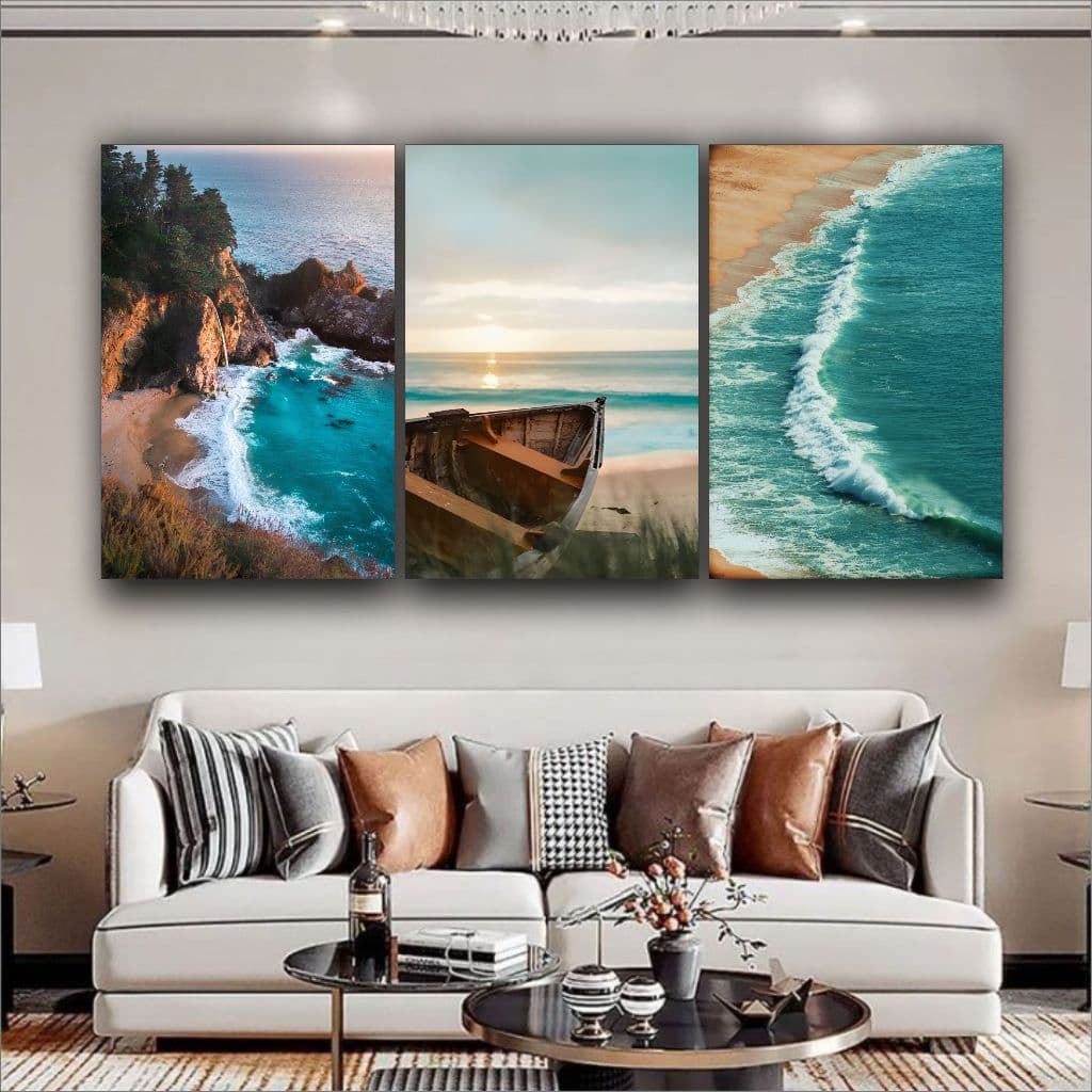 Quadro Decorativo Mar Praia Canoa Paisagem Sala Quarto 3 pç