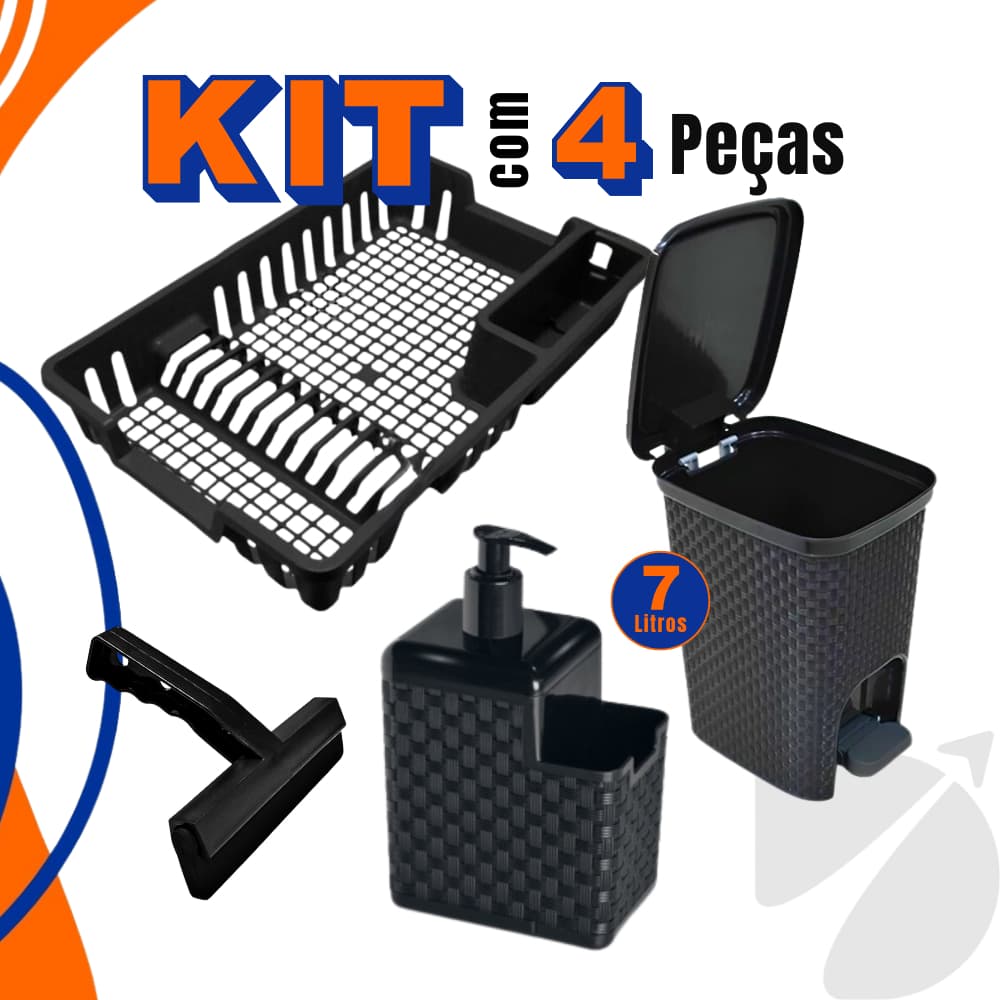 Kit Lixeira 7 Litros + Porta Detergente + Rodinho de Pia + Escorredor Louça