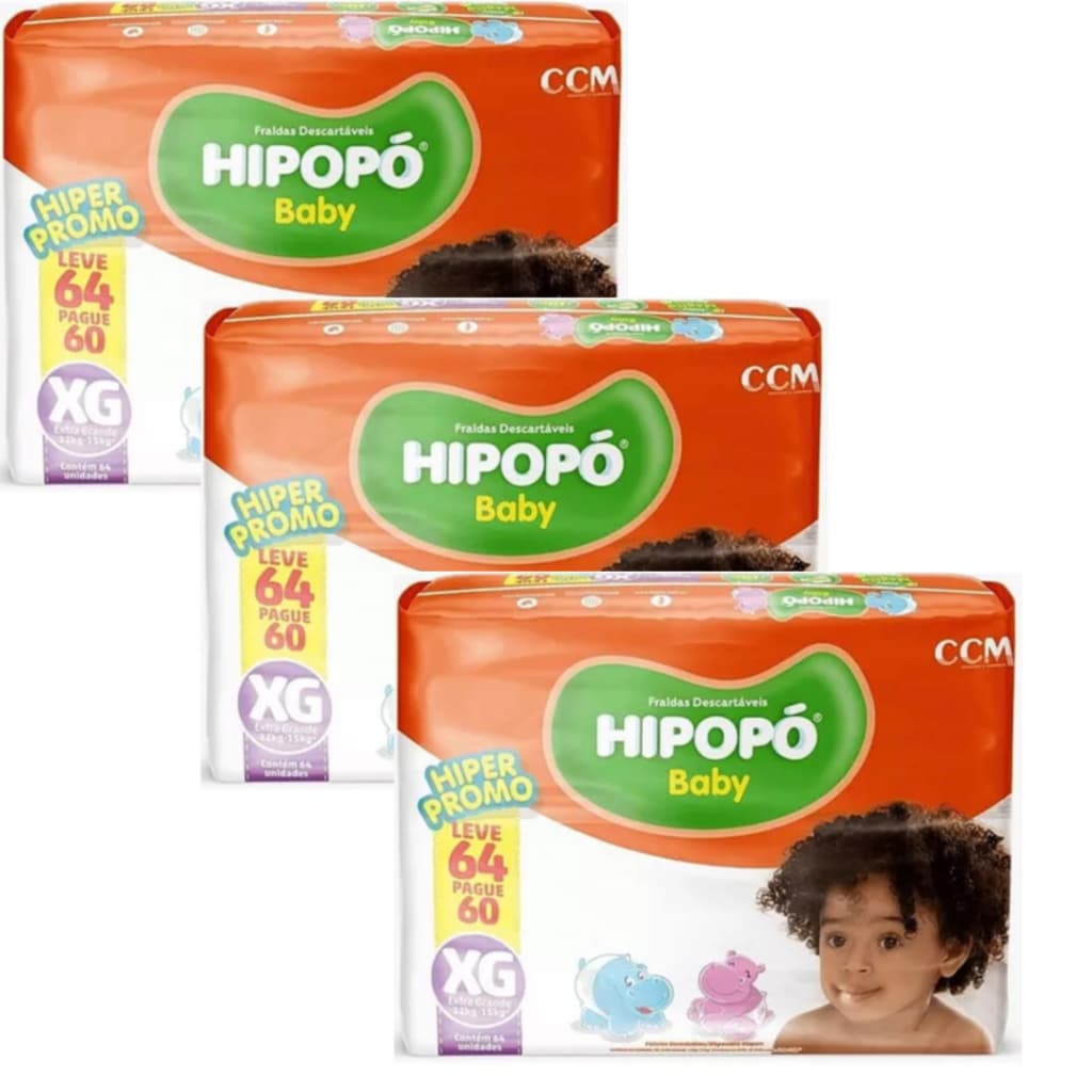 Kit 3 Pacotes Fralda Hipopó Baby Hiper Atacado - Escolha o Tamanho