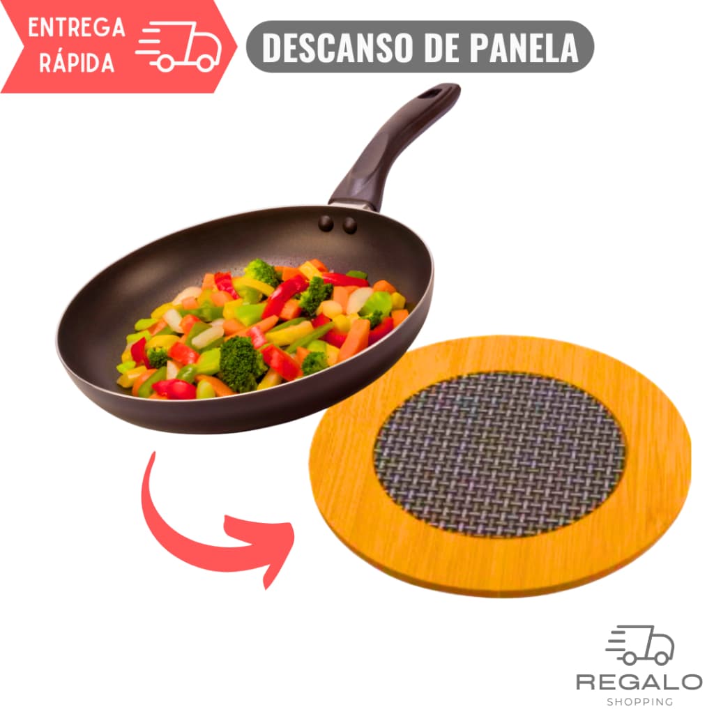 Descanso de Panela para Cozinha Porta Panela Suporte de Madeira Protetor de Mesa Malha Metalizada