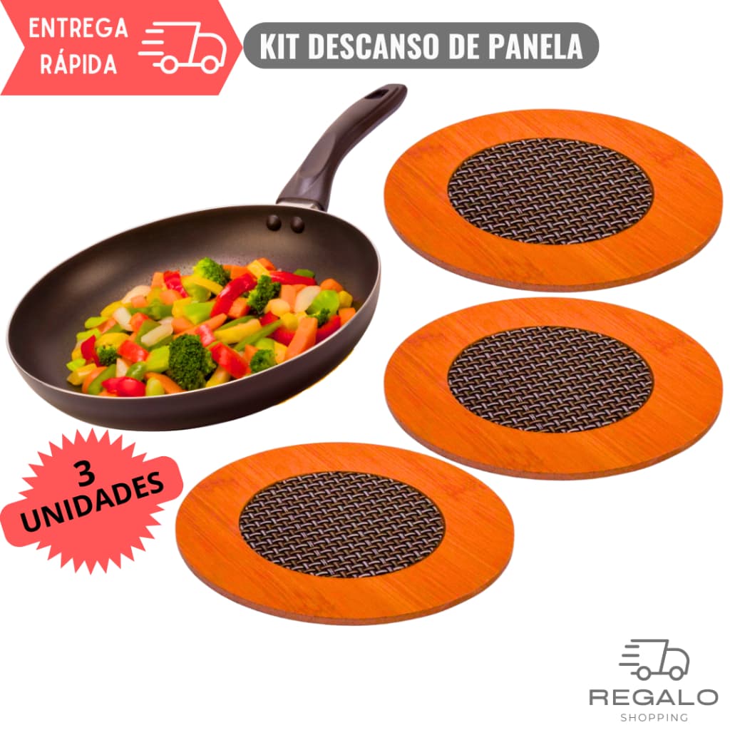 Kit 3 Descanso de Panela para Cozinha Porta Panela Suporte Madeira Protetor de Mesa Malha Metalizada