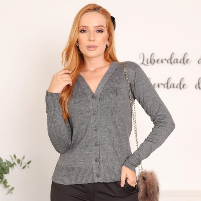 Blusa cardigan feminina de frio casaquinho de botão tricô inverno
