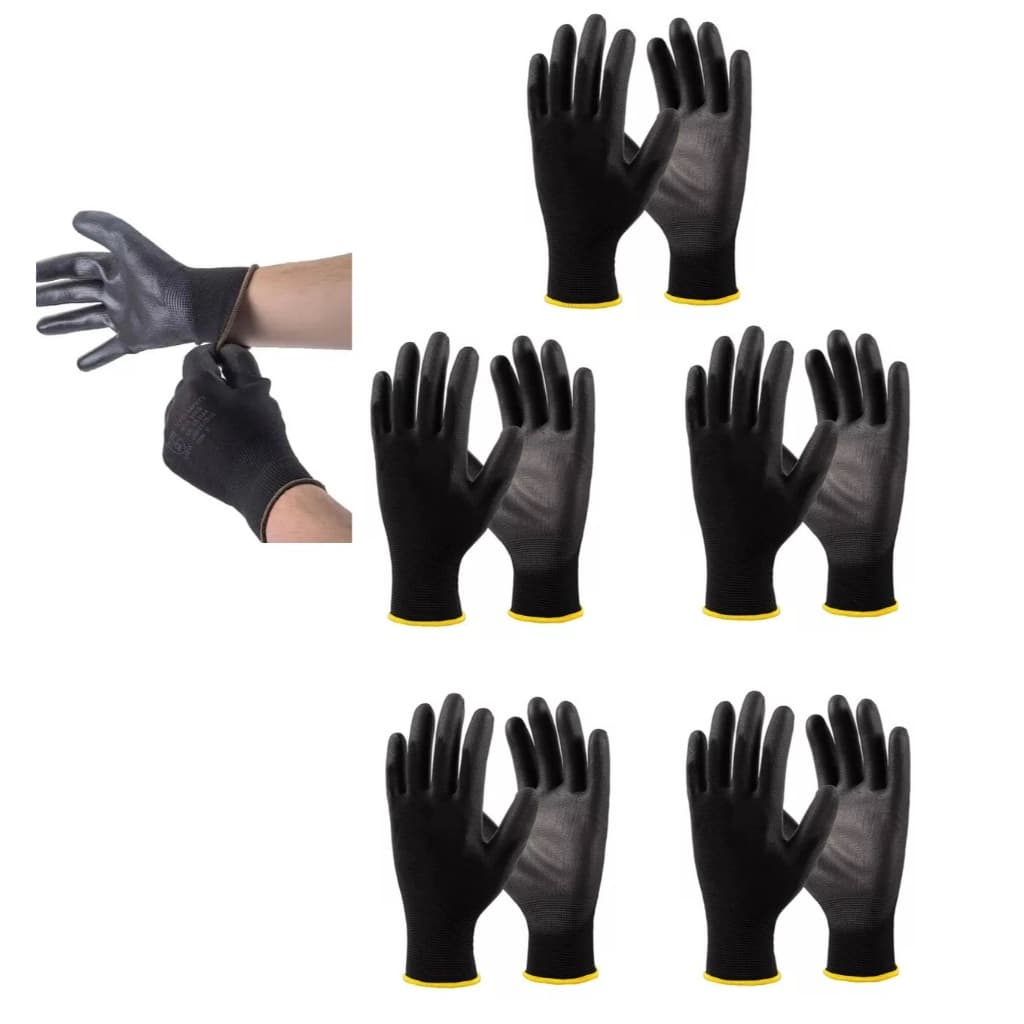 Kit 5 Luvas PU Tátil Preta Multitato Antiderrapante p/ Obra, Mecânico, Logística, pequenos manuseios