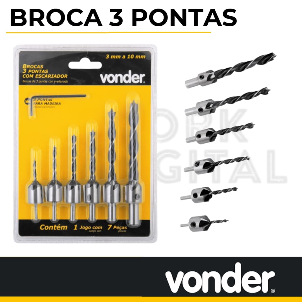 Jogo de brocas para madeira 3 pontas com escareador, 3 mm a 10 mm, jogo com 7 peças, VONDER