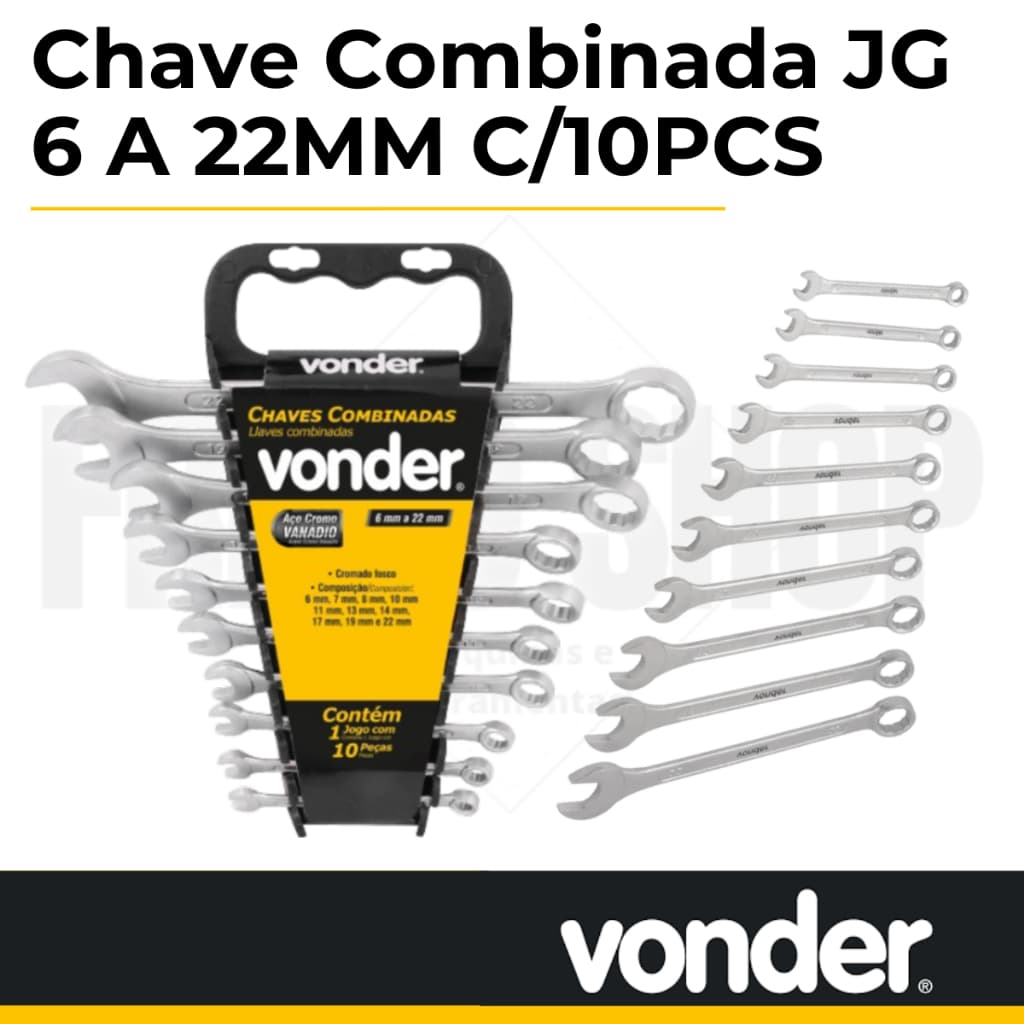 Jogo de chaves combinadas, do 6 mm a 22 mm, boca e estrela aço cromo vanádio, Com 10 peças, Vonder