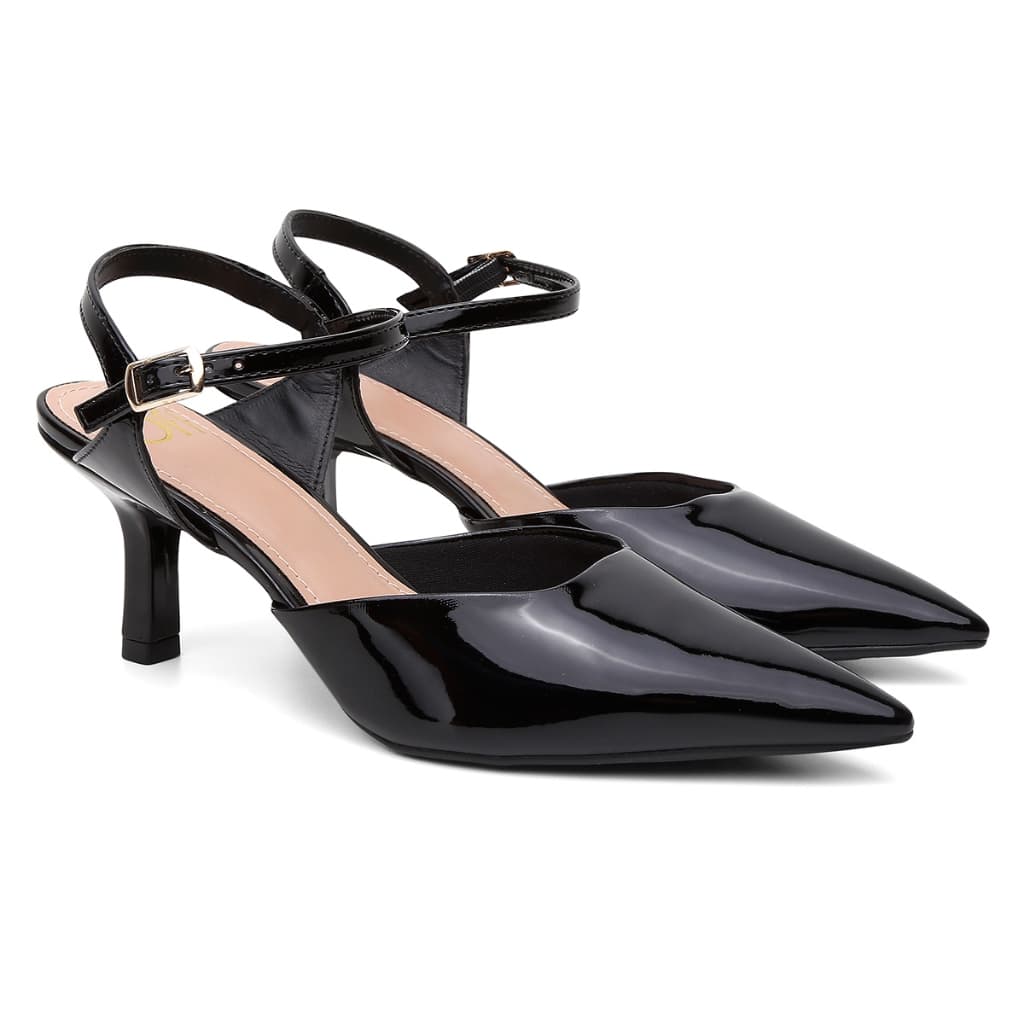 Scarpin Preto Verniz Salto Fino Médio Bico Fino Abotoar Offline