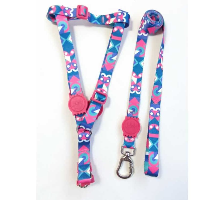 Coleira Peitoral Americano com Guia para Cachorro - Rosa figuras azul