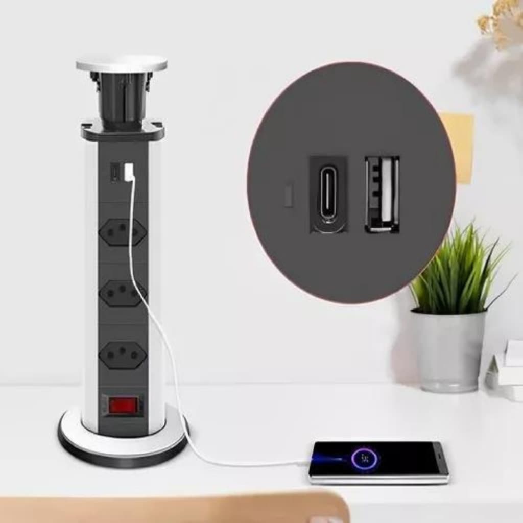 Torre Tomada Embutir Retrátil Mesa Multiplug Usb Tipo-c Bivolt