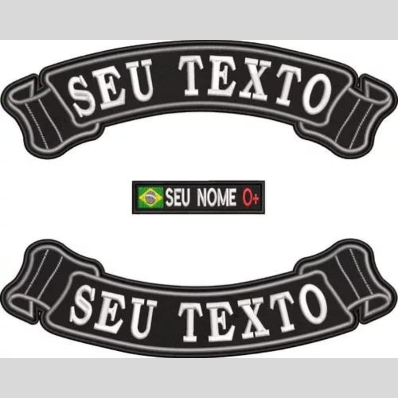 Kit 3 peças Bordado Brasão Tarja Flamula Grande Costas C/ Seu Texto Moto Fla11 Motociclista Motoclube Personalizado