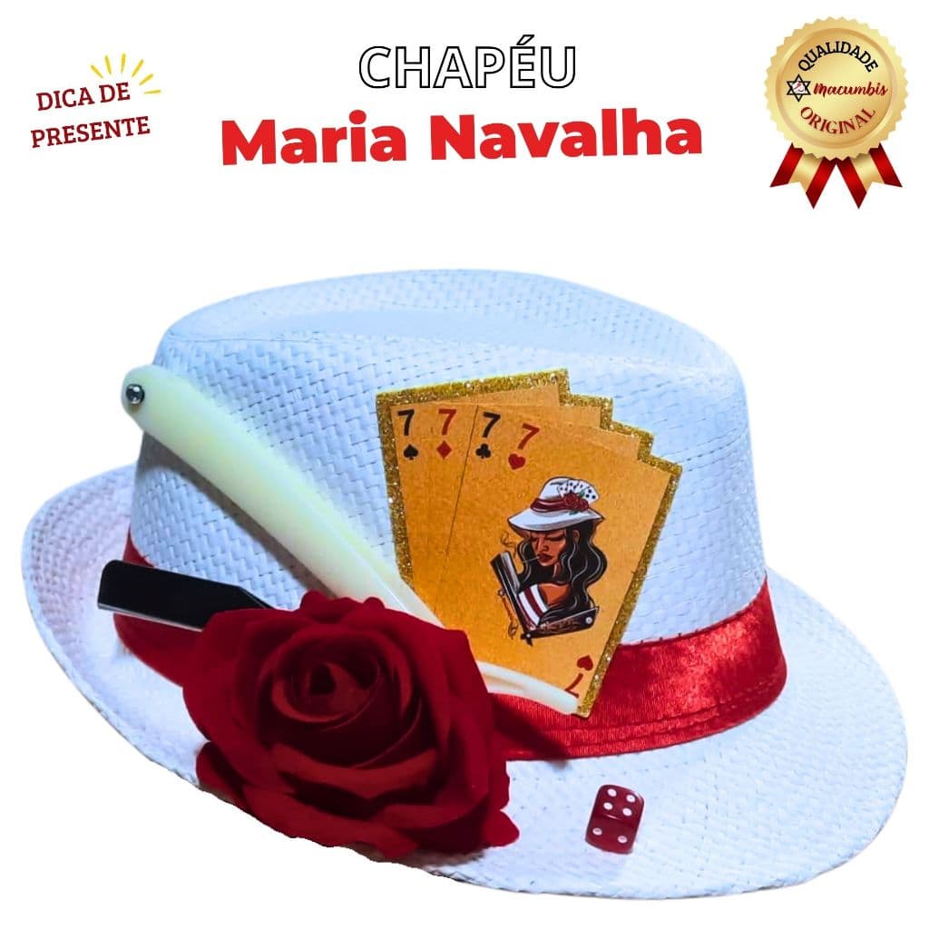 Chapeu Maria Navalha Malandra com Rosa vermelha Dado Navalha Grande Baralho Dourado Umbanda Candombl