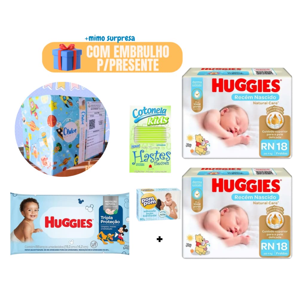 Kit Produtos De Higiene Fraldas Huggies Pomada Bebe Shampoo Recém Nascido