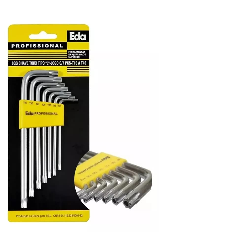 Jogo de Chave Torx Torque Tipo L com Furo com 7 Peças T10 a T40 EDA-8QG Envio Já