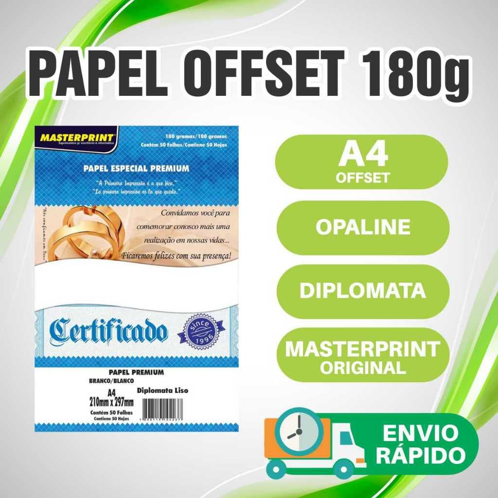 Papel Sulfite Offset 180g A4 Diplomata Opaline Branco 50 a 100 Folhas - Masterprint