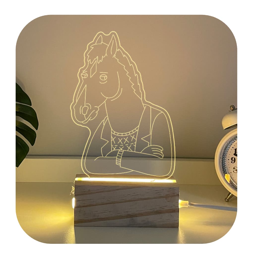 Luminária De Mesa BoJack Horseman Em Madeira Luz Acrílico Luxo Decorativo Led