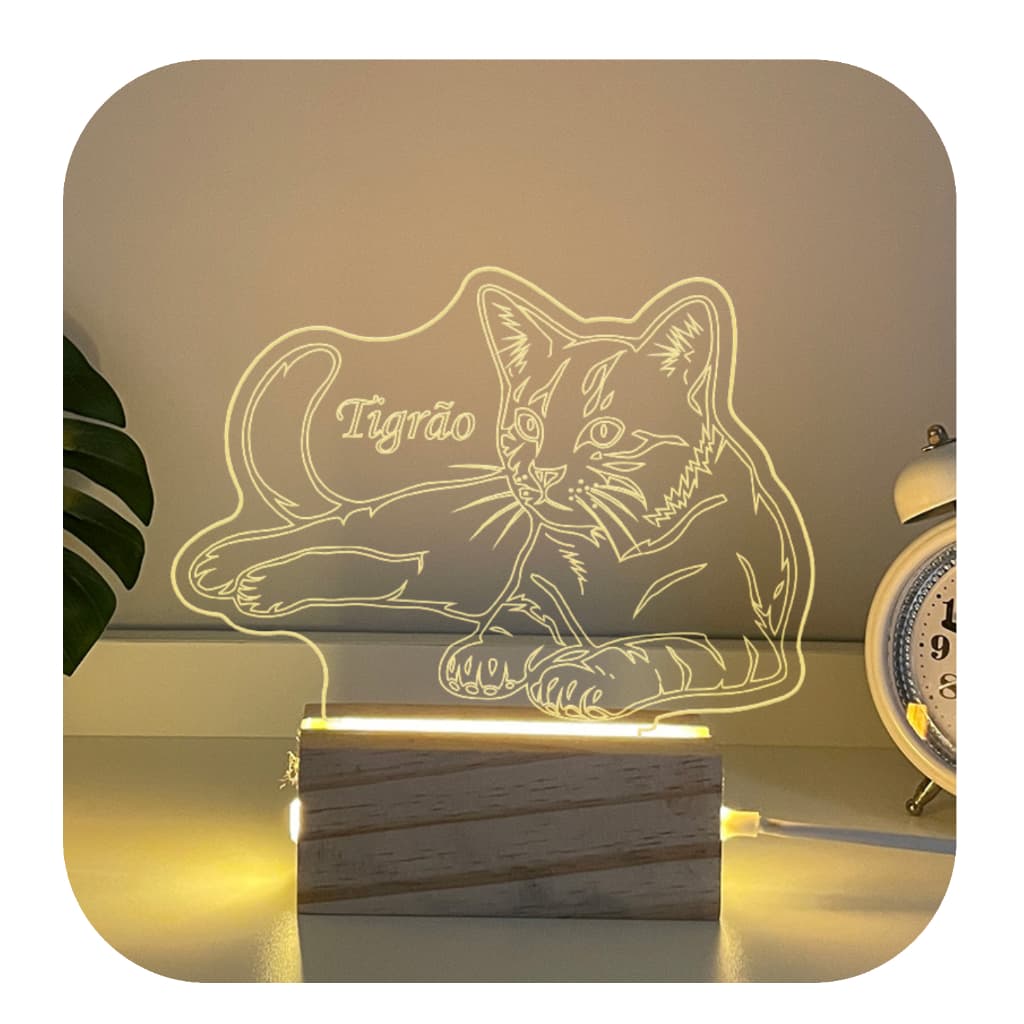 Luminária De Mesa Gato, personalize Com o Nome Do Seu Gato Em Madeira Luz Acrílico Luxo Decorativo Led