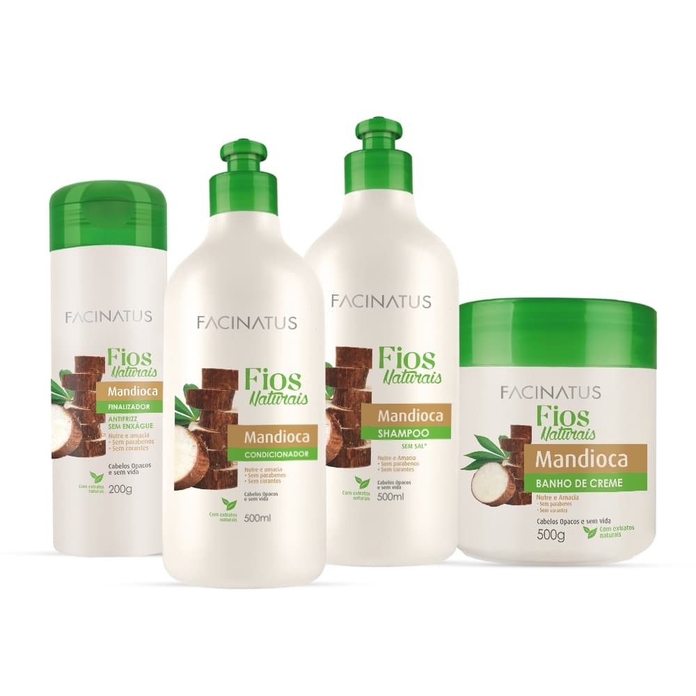 Kit Mandioca Facinatus 4 Itens Shampoo Condicionador Máscara Finalizador Hidratação Nutrição Antifrizz