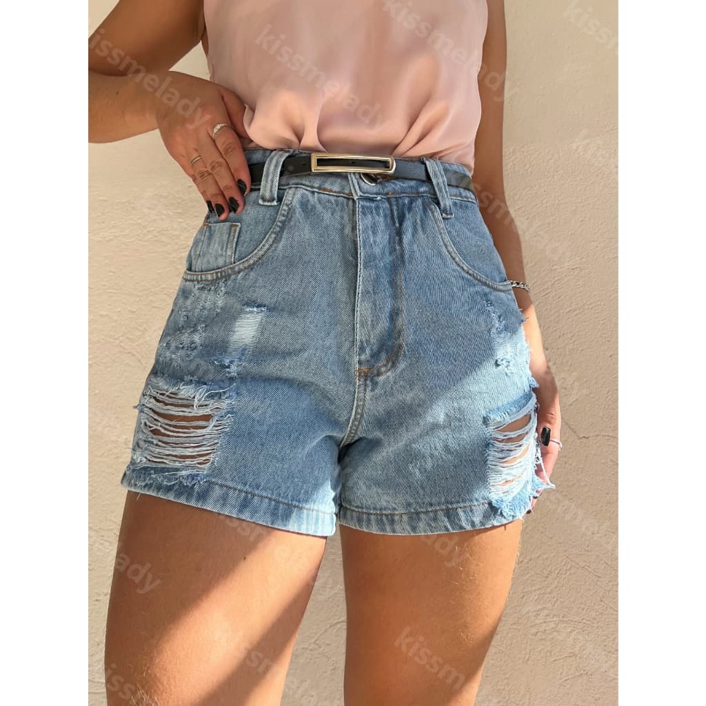 Anaoffice 8124 com cinto preto short jeans feminina com rascada Shorts jeans feminino  lisa com rascada juvenil natural