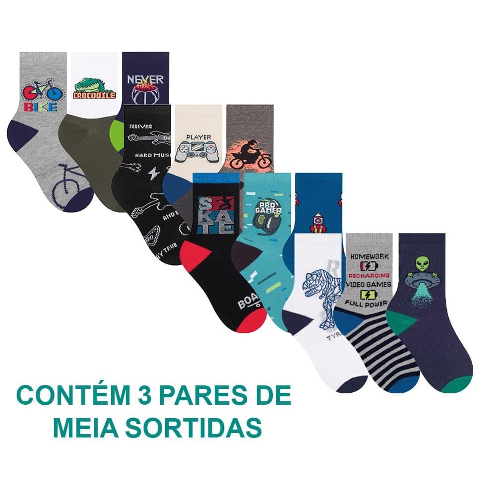 Kit 3 Pares De Meias Menino Menina Infantil Selene Calcanhar Verdadeiro Estampada
