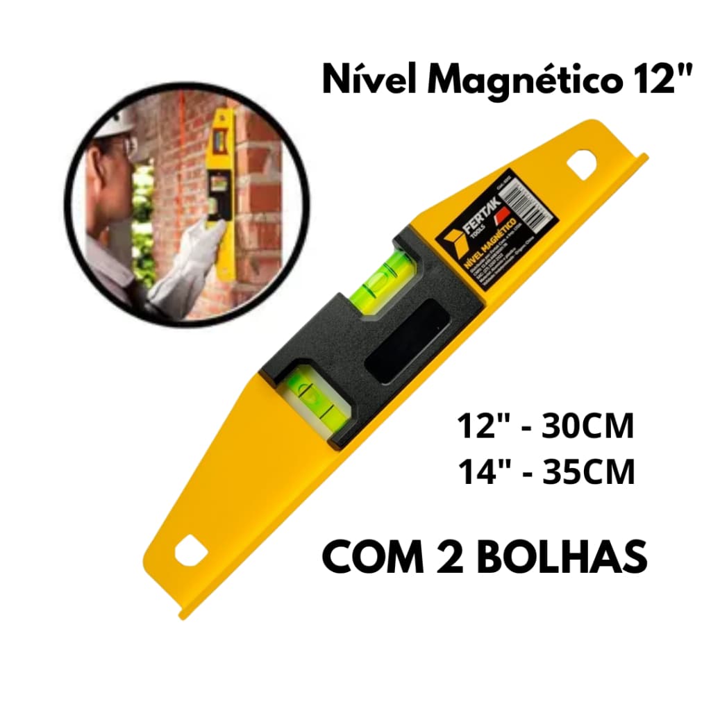 Nível de Alumínio Com Base Magnética Tools 12-30cm E 14-35cm Com 2 Bolhas Amarelo Nivel Magnético