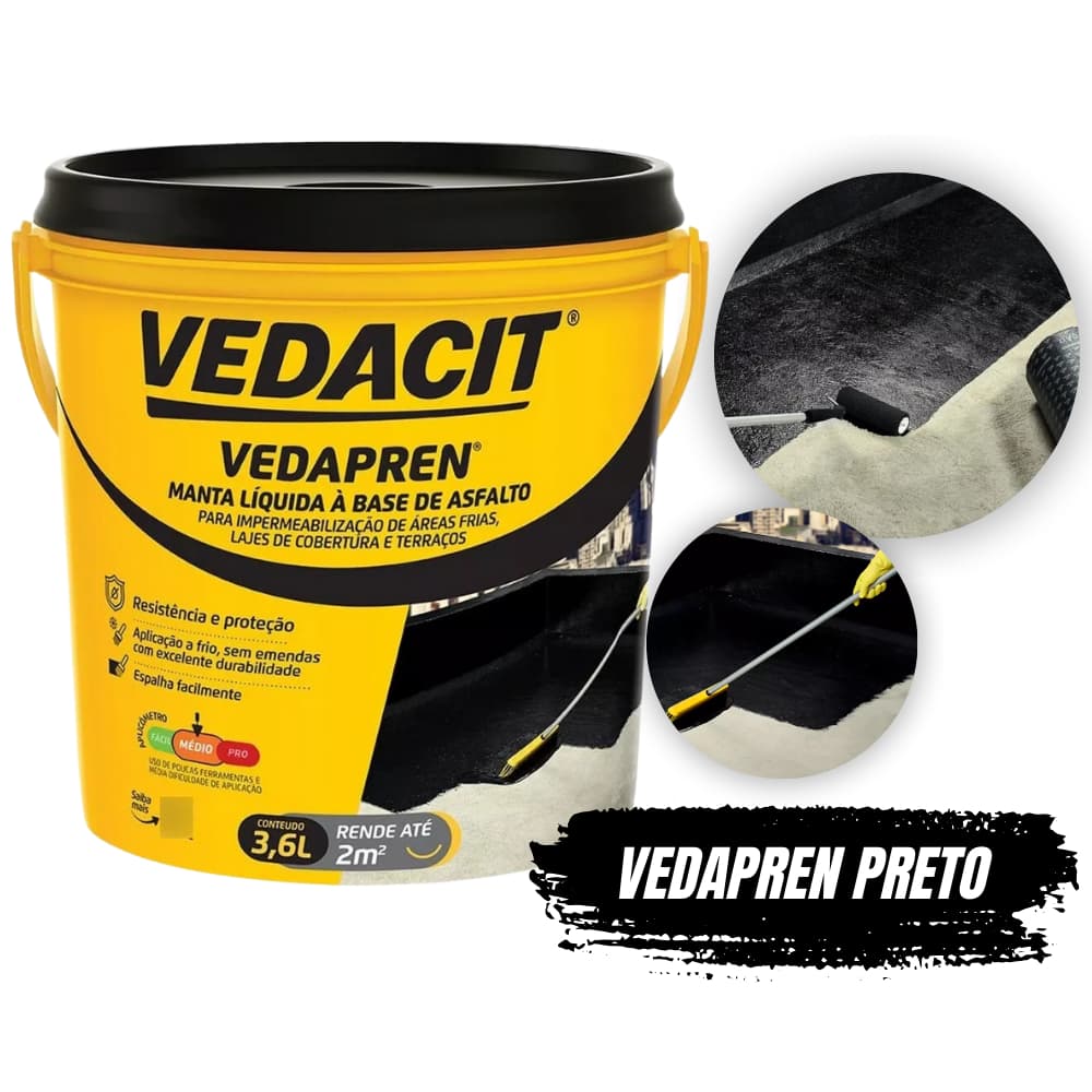 Manta Líquida Vedapren Preto 3,6L Galão Base de Asfalto Impermeabilizante Para Laje -  Vedacit