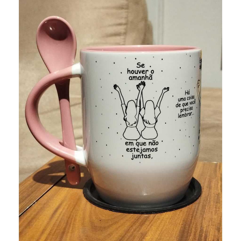 Caneca Personalizada Melhores Amigas (cerâmica branca 325 mL) - COM COLHER - FRASE DO URSINHO POOH