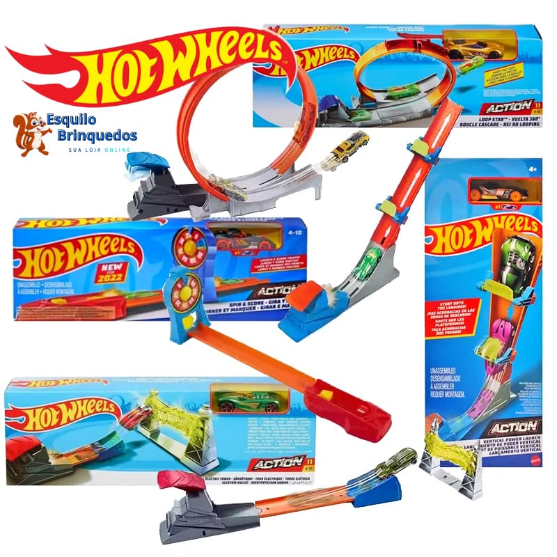Pista Hot Wheels Action Let's Race Torre elétrica Girar e marcar Rei do Looping  Lançamento Vertical