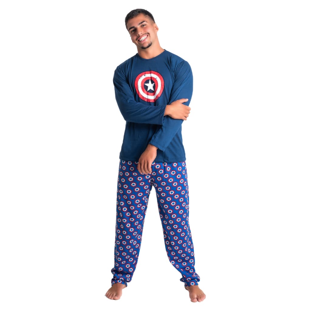 Pijama Heróis Desenho Capitão América Manga Comprida  Longo Pai Frio Poliéster Linha Noite Inverno 326
