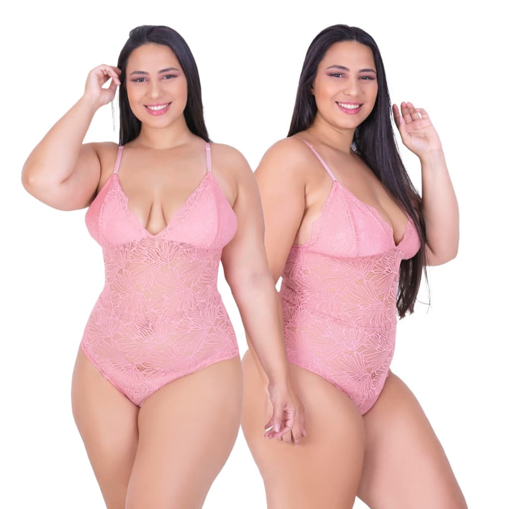 Body Plus Size Sensual Renda Forrada com Regulagem e Decote em V Transparente para Compor Look