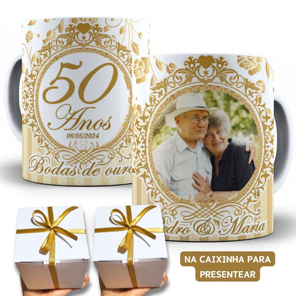 Kit  Canecas presente Bodas de Ouro com Foto ou Nome