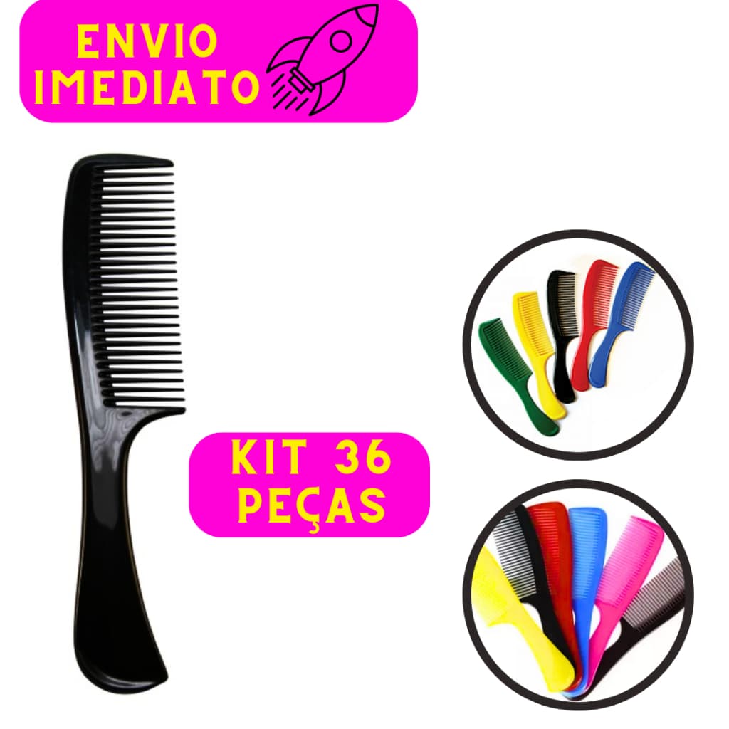 Kit 36 Pentes Dentes Largos Cores Variadas 22 Cm Utensílio Não Quebra os Fios Capilar Plástico