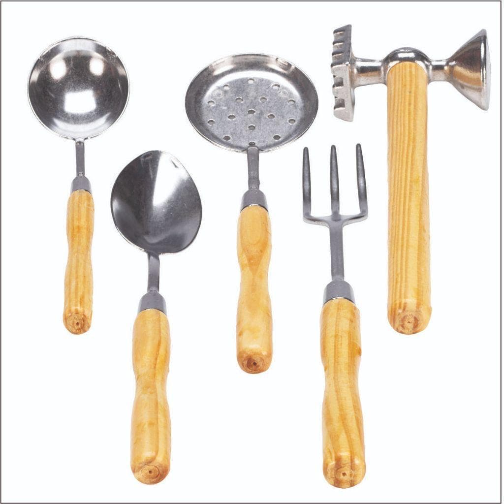 Kit Completo 5 Talheres Cabo de Madeira Cozinha Alumínios Utilidade Domestica