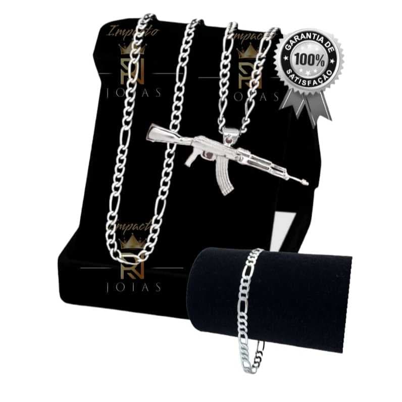Corrente Masculina Mais Pulseira Banhada Prata Com Pingente AK47 Dia dos Pais Presente RN0006