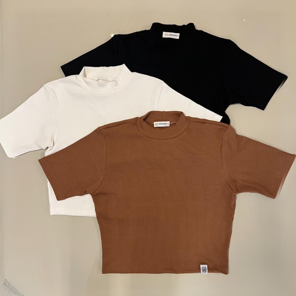 Kit 3 Blusa Feminina Canelado Gola Alta Manga Curta Moda Gringa CORES SORTIDAS