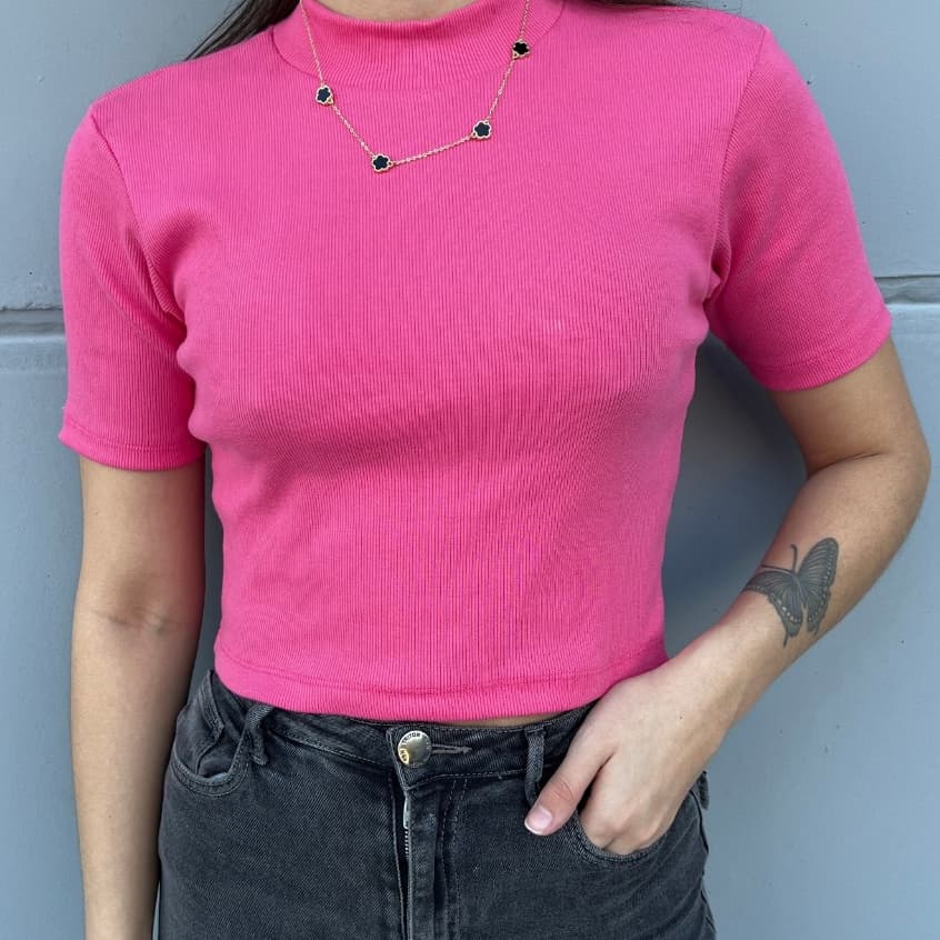 Blusa Feminino Gringa Gola Alta Manga Curta Tecido Canelado Moda Blogueira CORES SORTIDAS