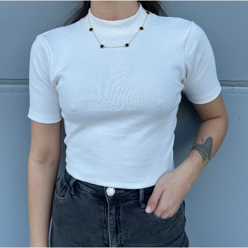 Blusa Feminina Manga Curta Gola Alta Gringa Canelado Ribana CORES SORTIDAS