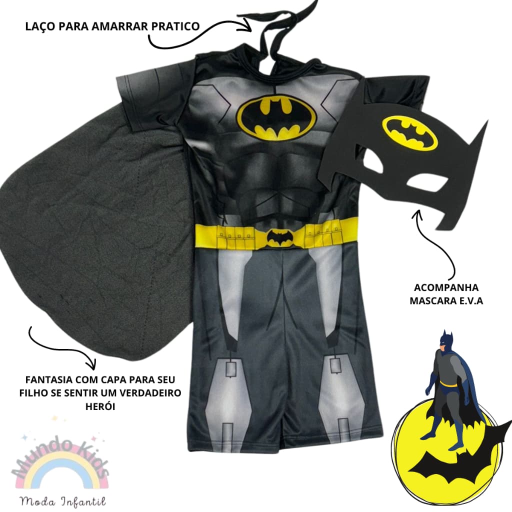 Fantasia  Infantil Batman Heroi Menino Curta Com Capa - Envio Rápido