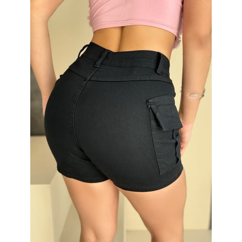 SHORTS CARGO PRETO SARJA FEMININO CINTURA ALTA MODELA BUMBUM LINHA PREMIUM BOLSOS LATERAIS FASHION