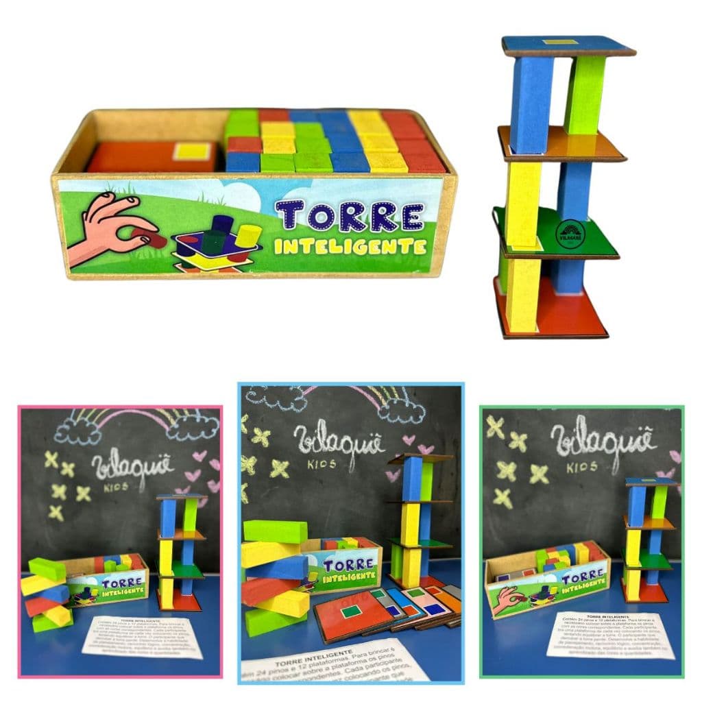 Brinquedo Pedagógico Educativo Madeira Torre Inteligente Toquinhos Quadrados Equilíbrio