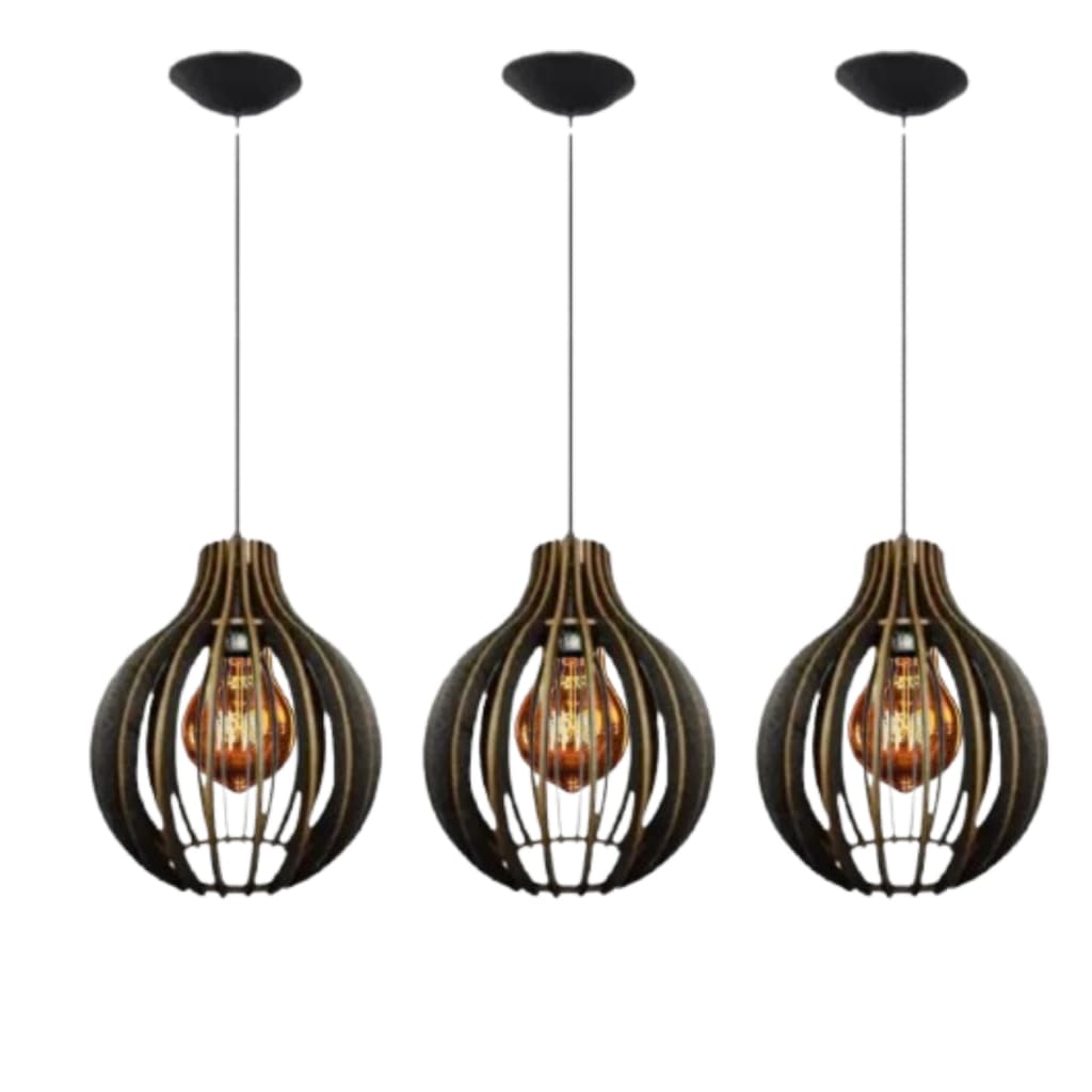03 Luminária Pendente de Teto Balcão De Cozinha Americana De Madeira Cor Preto - 3cqp